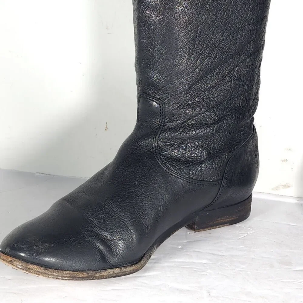 FRYE Women's Melissa Back Zip US 7,5B Black Leather Button Tall Riding Boots